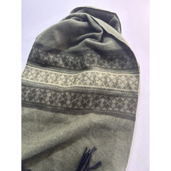 Cashmyarn by Berkshire Made in Italy Olive Green Black Fair Isle Fringe Scarf - Picture 2 of 5